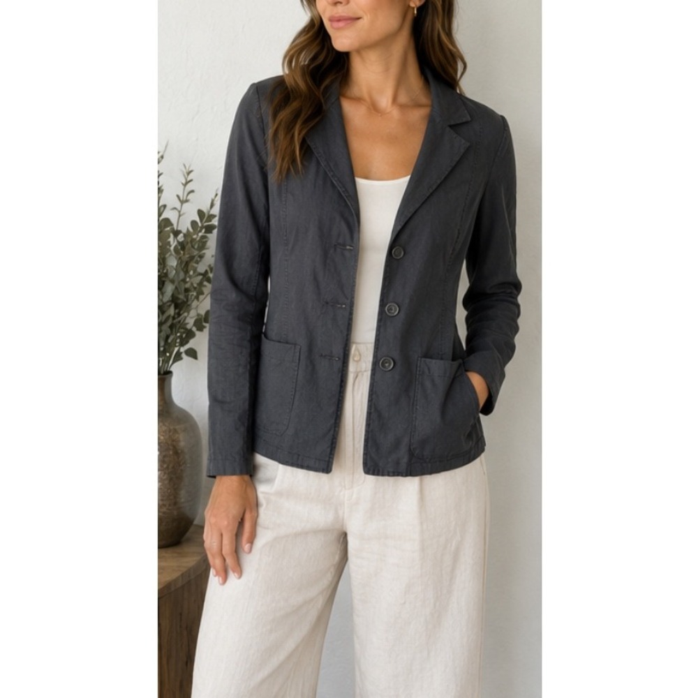 Eileen Fisher Organic Linen Blend Stretch Blazer Jacket Charcoal Gray XS Minim